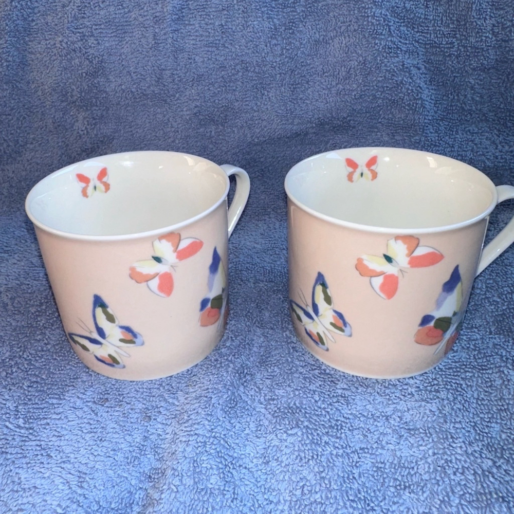 Vintage HTF Lynns Farfalla Fine China Pink White Butterflies Tea Cups Set Of 2